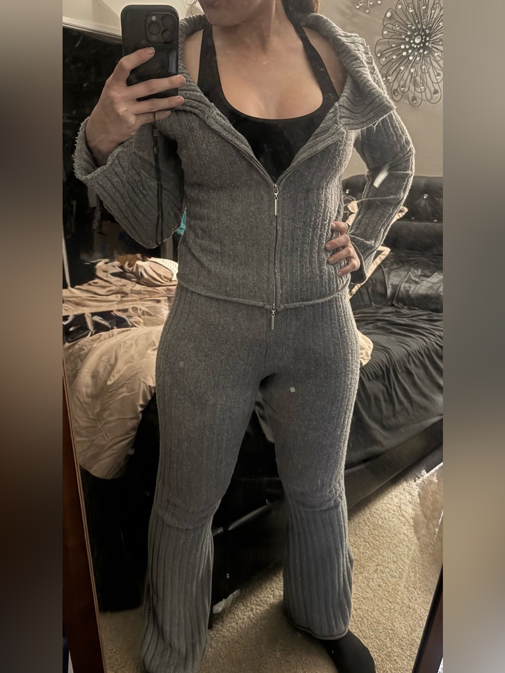 Pink Rose Gray Ribbed Knit Sweater Set - Picture 2 of 2